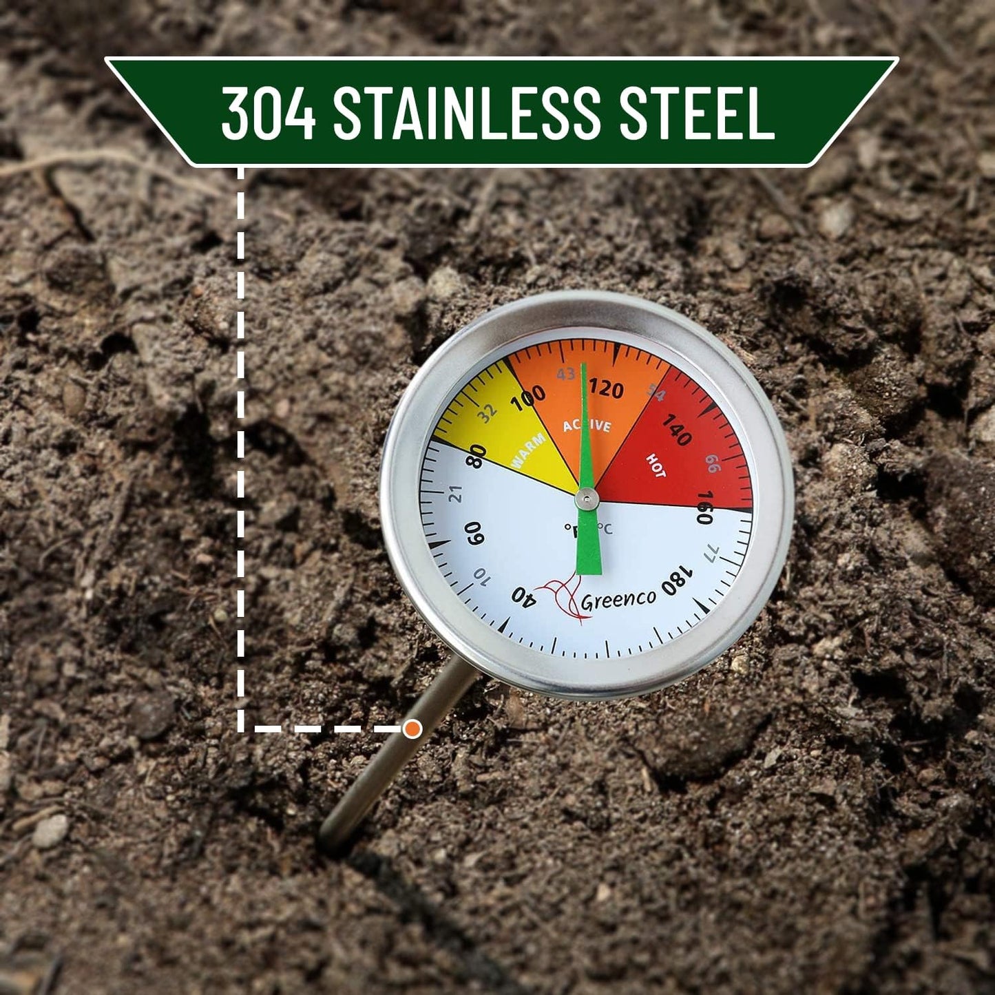Compost Soil Thermometer by Greenco, Stainless Steel, Celsius and Fahrenheit Temperature Dial, 20 inch Stem
