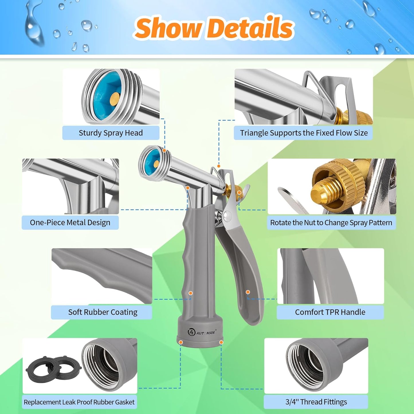 AUTOMAN Full Size Garden Hose Nozzle, High Pressure Pistol Grip Water Nozzle Sprayer with Threaded Front, Adjustable Spray Water Flow for Washing Car, Cleaning Ground, Watering Plants, Showering Pets