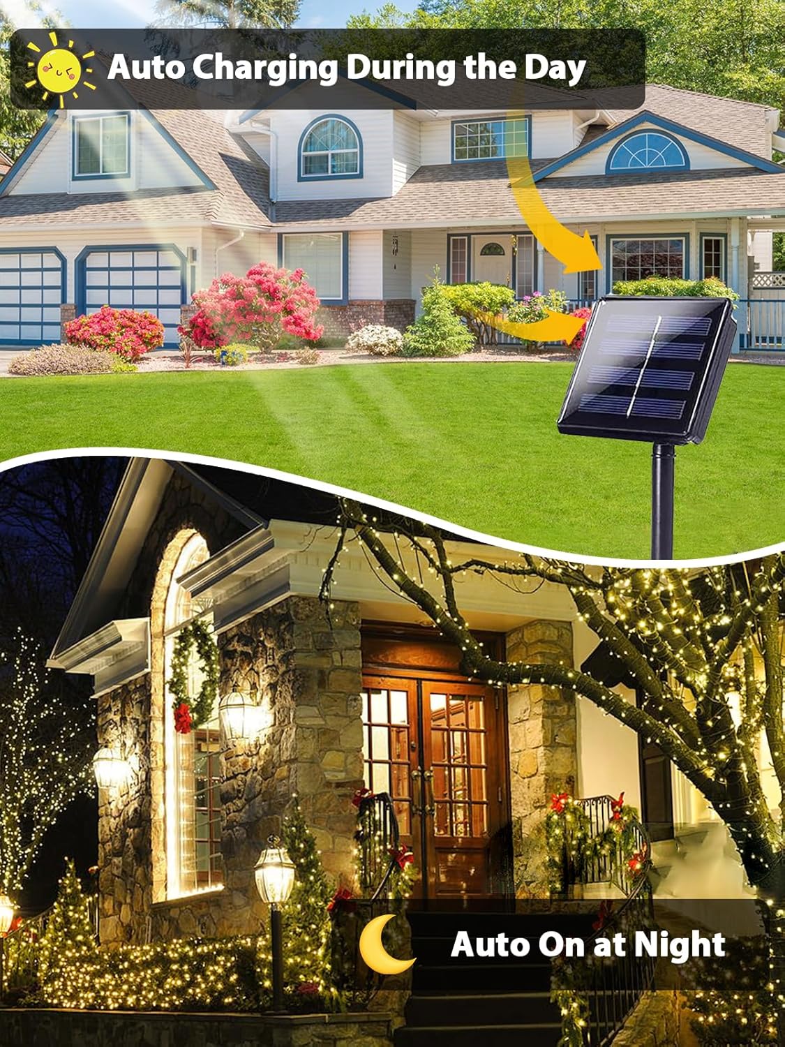 2 Pack 200 LED Solar String Lights for Outside, Solar Christmas Lights Outdoor Waterproof, Solar Outdoor String Light with 8 Lighting Modes for Xmas Tree Wedding Party Garden Decorations (Warm White)