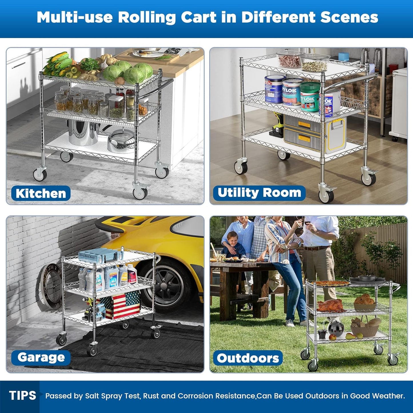 Leteuke Heavy Duty 3 Tier Rolling Utility Cart,NSF Certified 990Lbs Capacity Rolling Carts with Wheels,Commercial Grade Metal Cart with Handle Bar & Shelf Liner,Trolley Serving Cart for Kitchen,Chrome