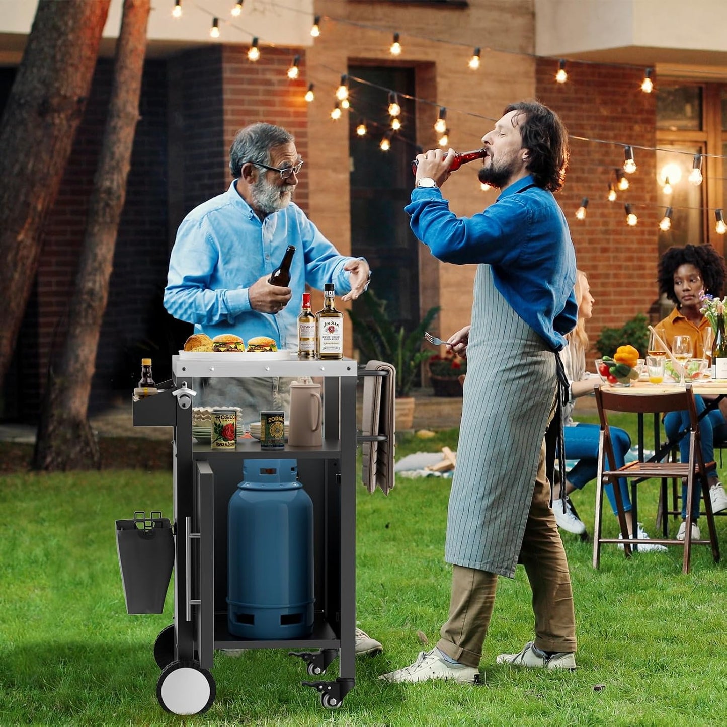 Outdoor Grill Cart with Patio Furniture, Outdoor Grill Table with Storage,Rolling Bar Cart Outdoor BBQ Cart with Hooks and Spice Rack for Grilling Accessories(Single Door, Black)