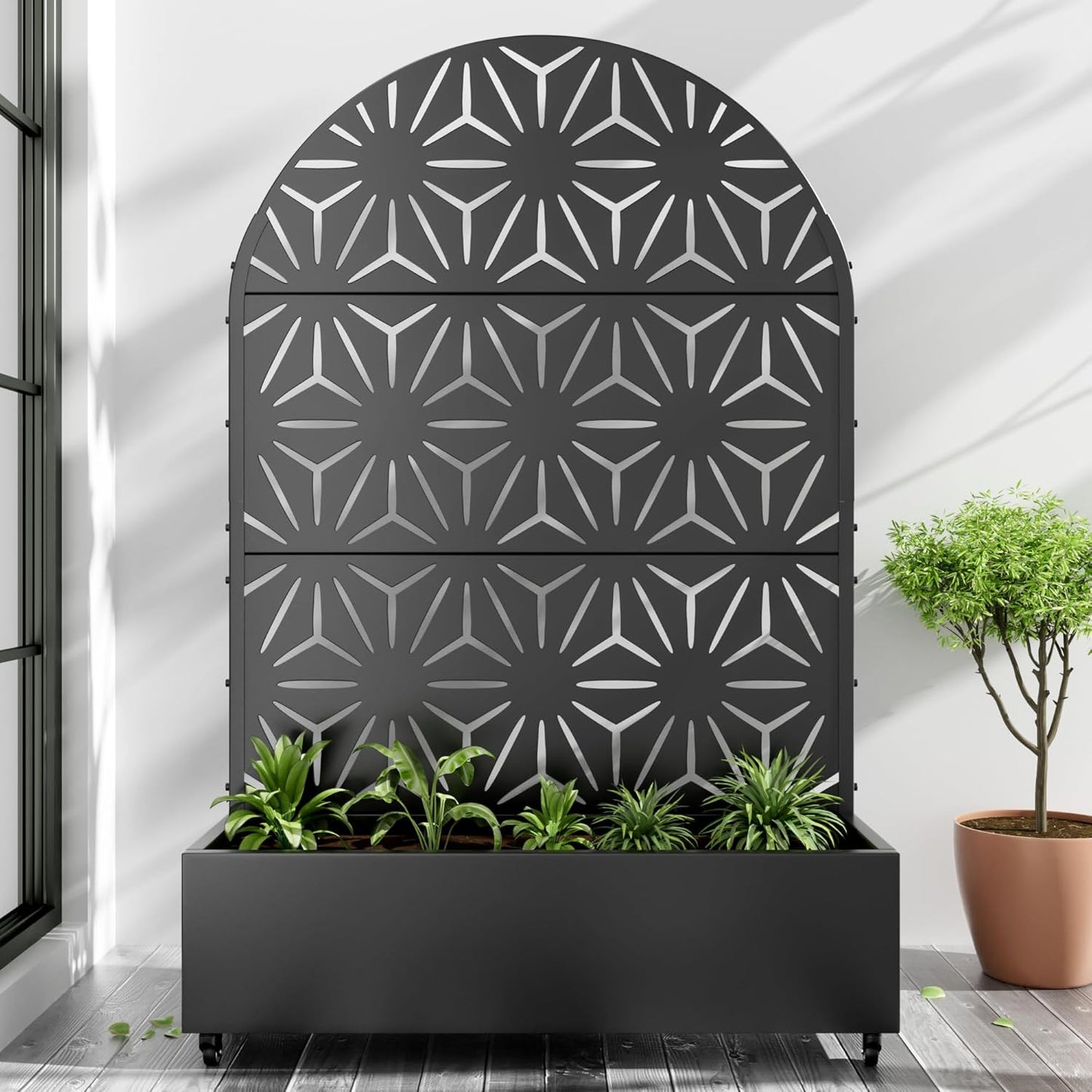 Casaphoria Metal Raised Garden Bed with Trellis and Wheels, 72"x47"x16" Arched Planter Box for Climbing Plants, Vegetables & Vines, Features Drainage Holes and Privacy Screen (Black-Star)