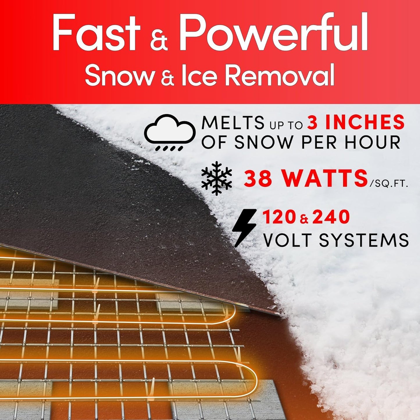Electric Snow and Ice Melting Underground Cable 188 feet, Covers 62 sqft at up to 38 Watts/sqft, 240V – Radiant Heated Driveways, Walkways, Stairs – Installs Under Concrete, Asphalt, or Pavers