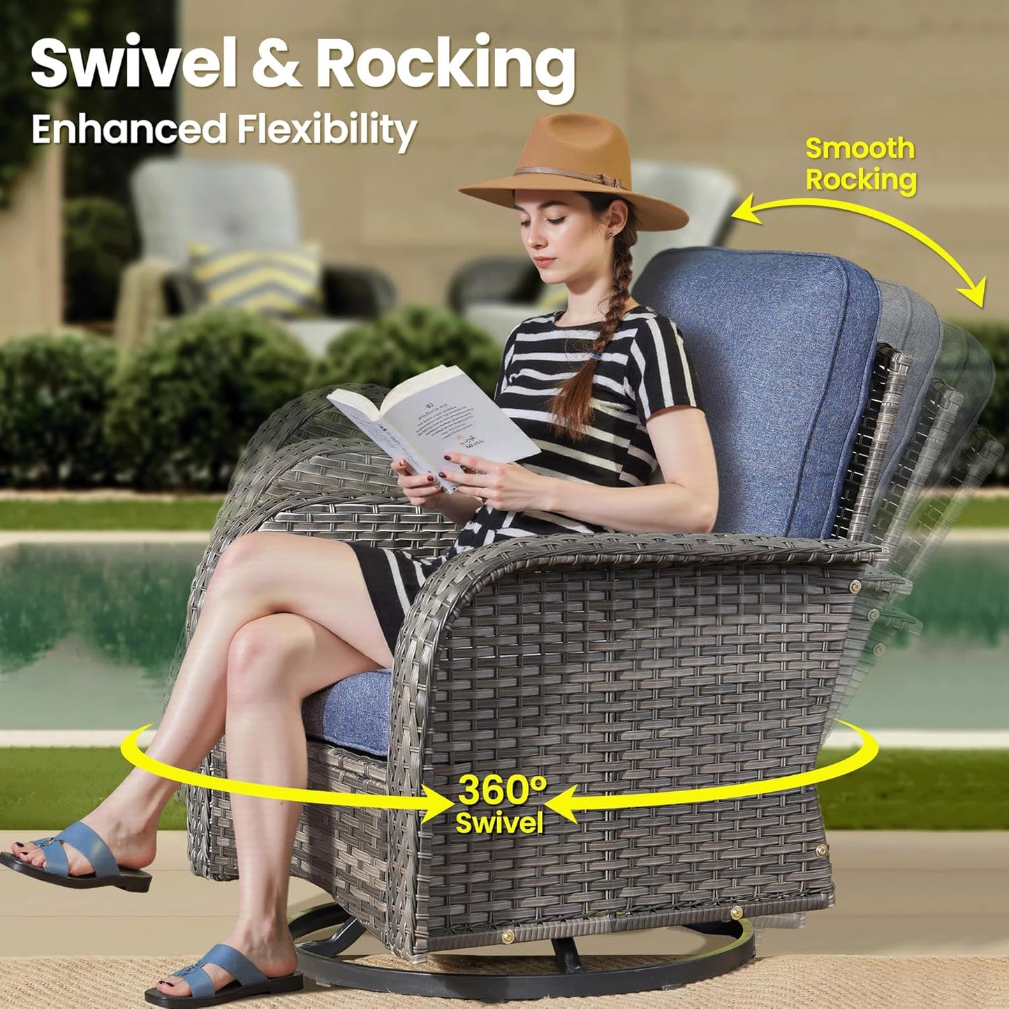 ovios 5 Pieces Patio Furniture Set, Outdoor Wicker Sofa with Swivel Chairs, Coffee Table, All Weather High Back Rattan Loveseat Couch with Comfy Cushions, Denim Blue
