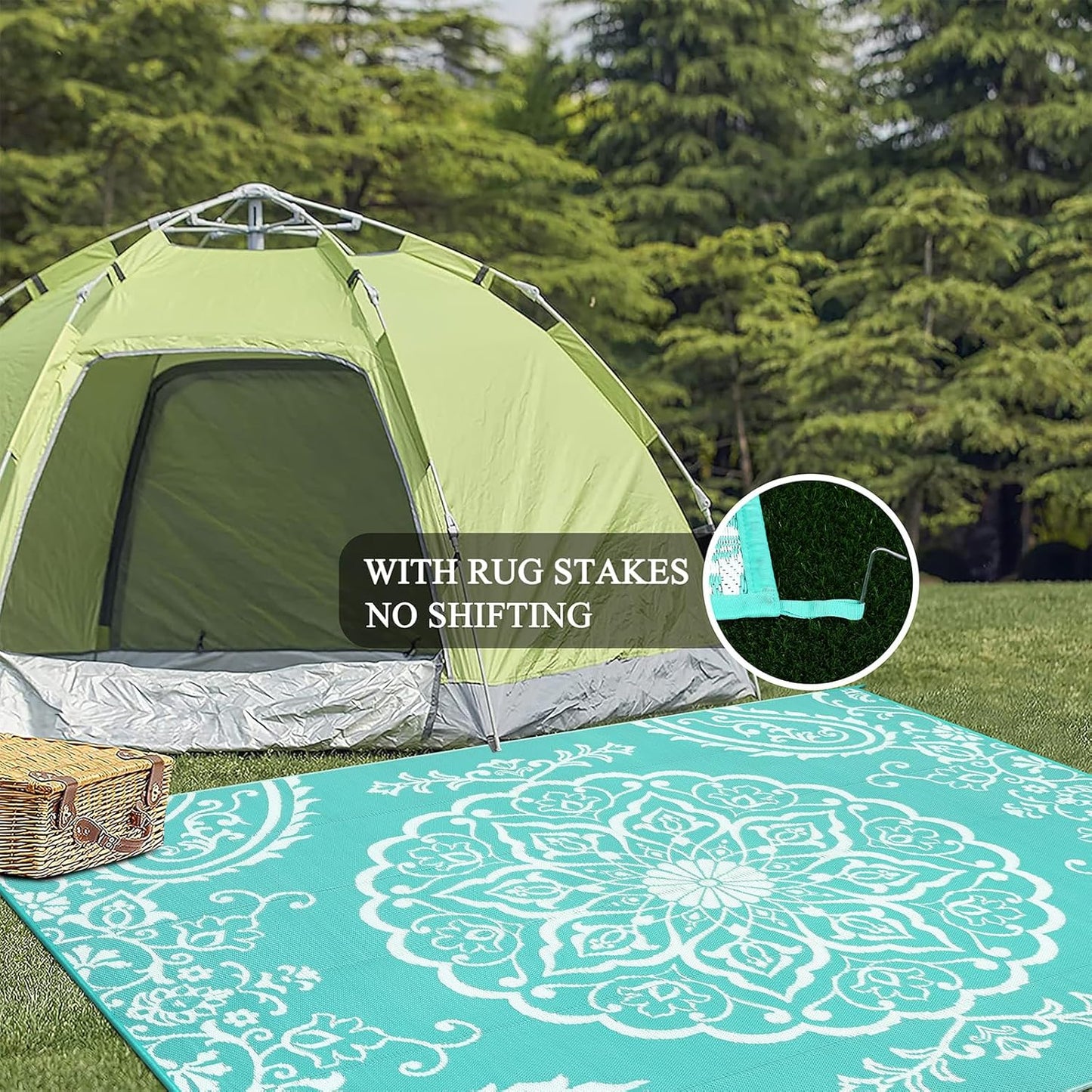 Pauwer Waterproof Outdoor Rug 6x9, Reversible Plastic Straw Patio Camping Rug, Indoor Outdoor RV Mat Carpet for Deck, Camper, Porch, Balcony, Backyard, Picnic, Boho Light Blue