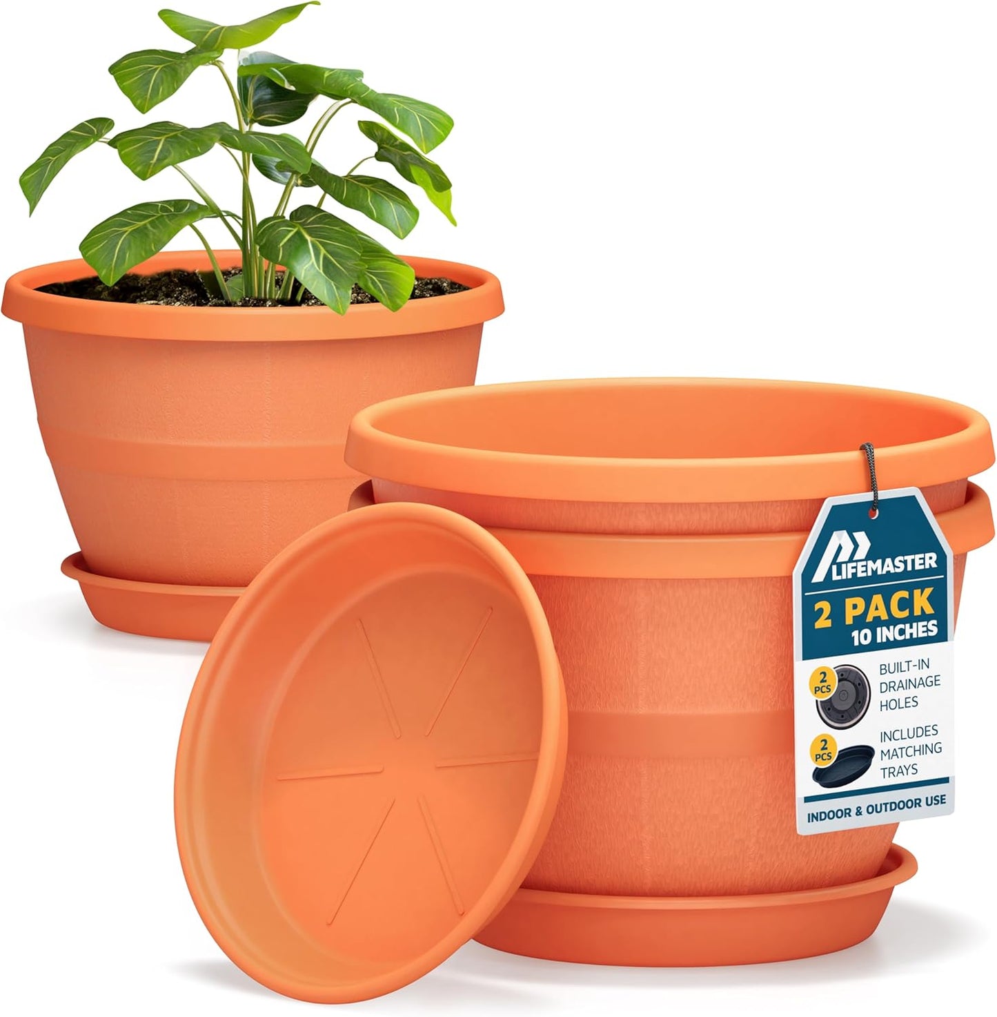 10-Inch Whiskey Barrel Planters Outdoor Pack of 2 - Durable Plastic Plant Pots for Indoor & Outdoor Use with Drainage & Saucer, Lightweight Rustic Barrel Planters for Flowers, Herbs & Small Plants