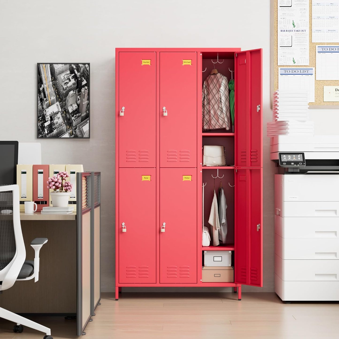 6 Doors Metal Lockers for Employees with 6 Shelves and 18 Hooks, Storage Locker with Business Card Holder for Office Gym School Bedroom, Assembly Required, Red