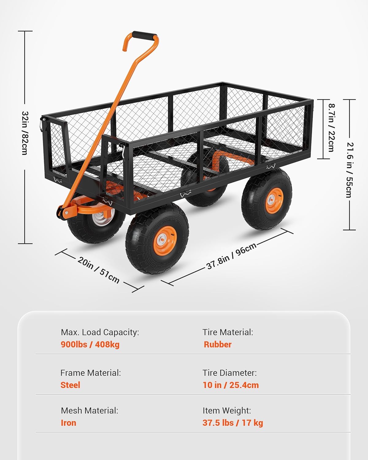 Heavy Duty Steel Garden Cart, 900 LBS Capacity 3 in 1 Pullable Garden Wagon with 10" Wheels, for Gardening Soil, Tools, and Plant Transport