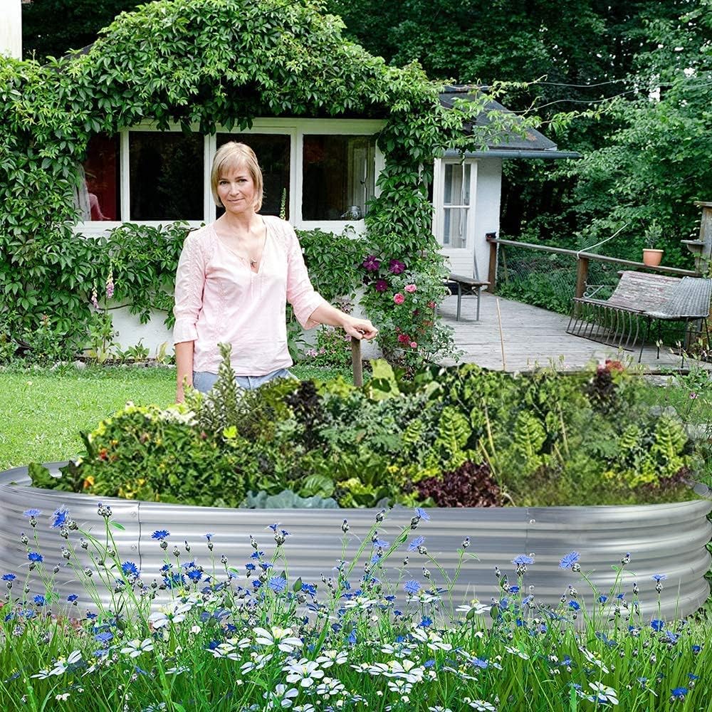 Land Guard 2Pcs Galvanized Raised Garden Bed Kit, 7.5×3×1ft Galvanized Planter Raised Garden Boxes Outdoor, Oval Large Metal Raised Garden Beds for Vegetables………