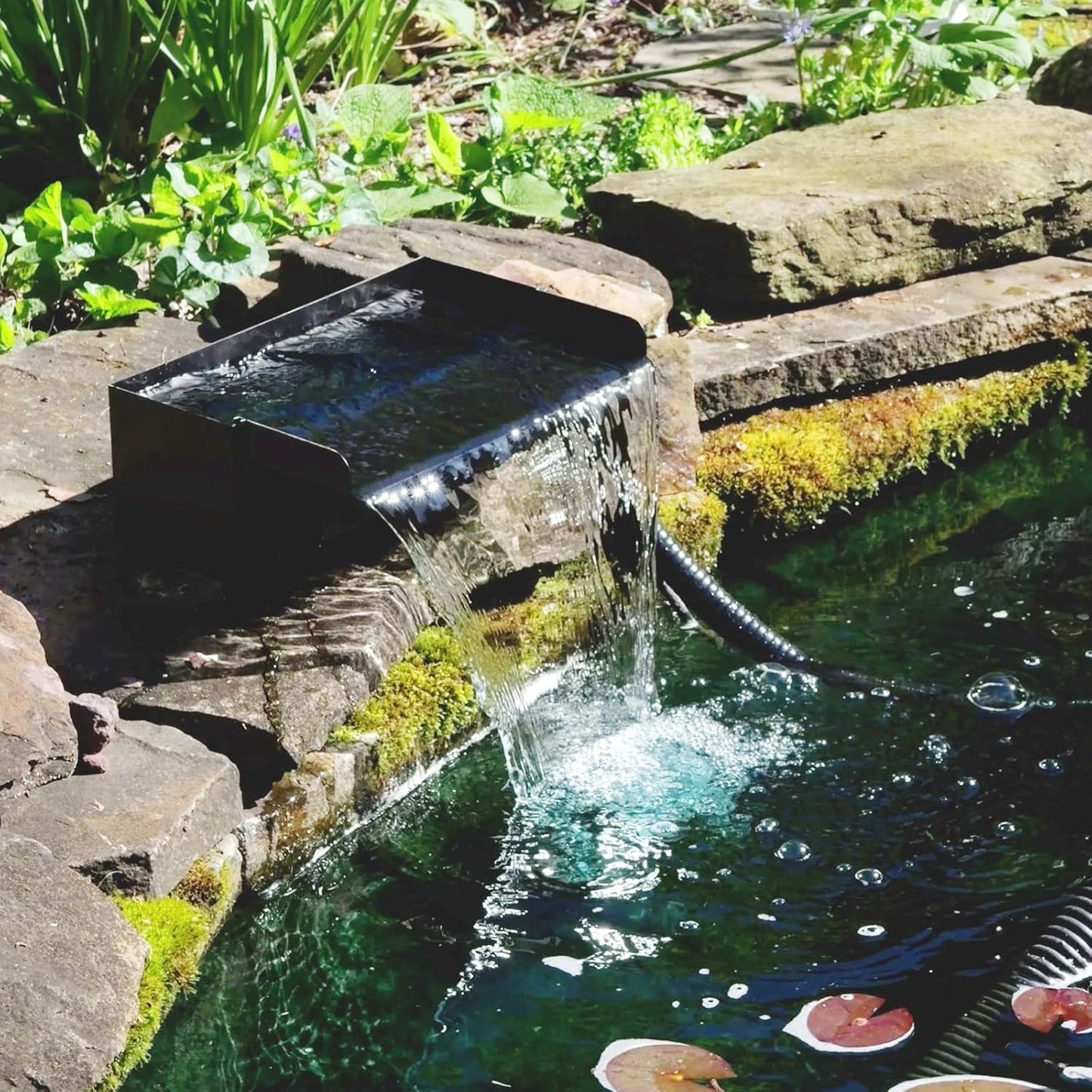 POPOSOAP Pond Waterfall Spillway with Pump Kit, 304 Stainless Steel Pond Waterfall, Pond Spillway with 9.8FT Corrugated Tubing for Garden,Water Features (8“)-P42