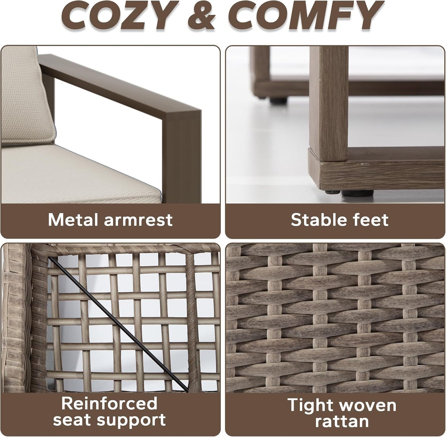 Outdoor Wicker Metal Chairs Set of 2 with Two Ottomans - 4 Pieces Patio Bistro Set with Rectangular Framed Wood-Looking Metal Armrest & Removable Cushions for Poolside, Terrace, Beige
