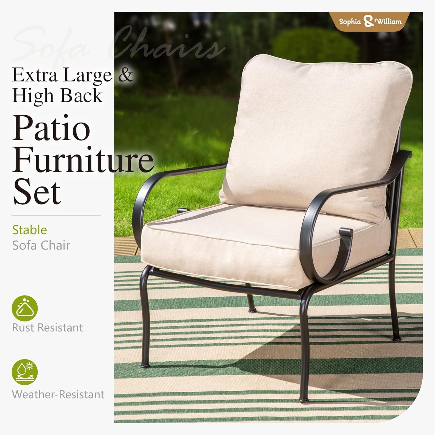 Sophia & William 6 Piece Patio Furniture Set Outdoor Couch Sofa, Sectional Conversation Sets 7 Seat Clearance with 3-seat Sofa x 1, Swivel Chair x 2, Cushioned Chair x 2, Metal Coffee Table x 1, Beige