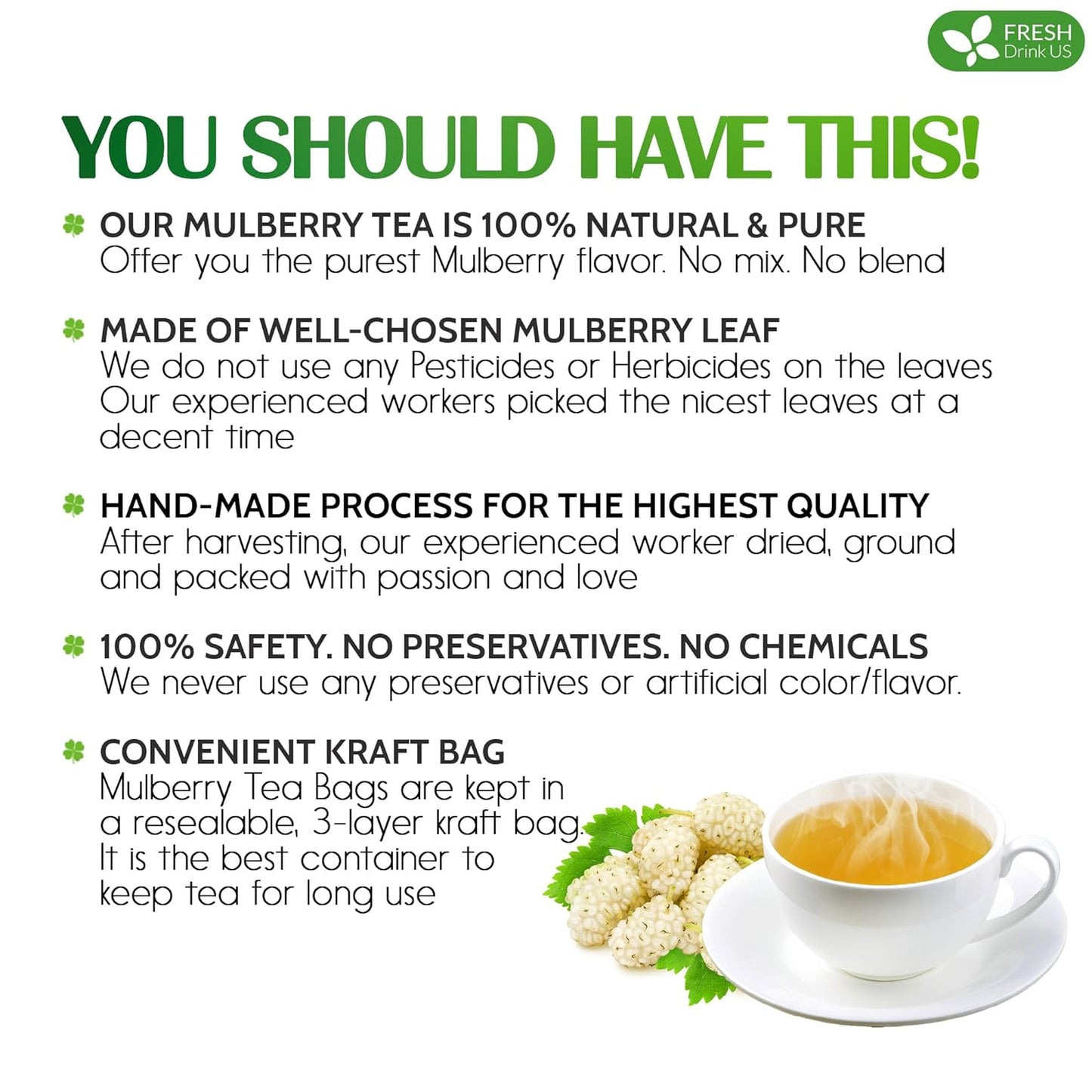 FreshDrinkUS Premium 75 Mulberry Leaf Tea Bags, 100% Natural & Pure. Loose Leaf Herbal Tea. Made with Natural Material Tea Bags. No Sugar, No Caffeine, No Gluten, Vegan