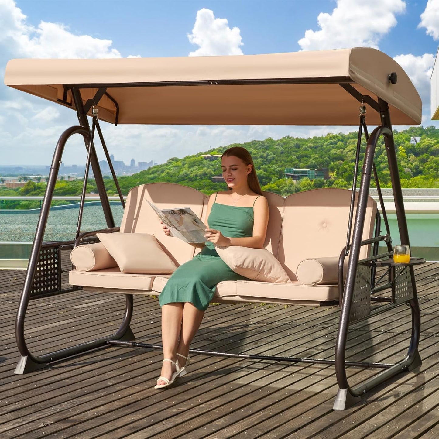 3 in 1 Outdoor Porch Swing with Adjustable Canopy, 3 Seat Outdoor Swing for Adults, Patio Swing Chair with Thickened Cushions,Pillows & Cup Holders for Backyard, Porch, Garden (Khaki)