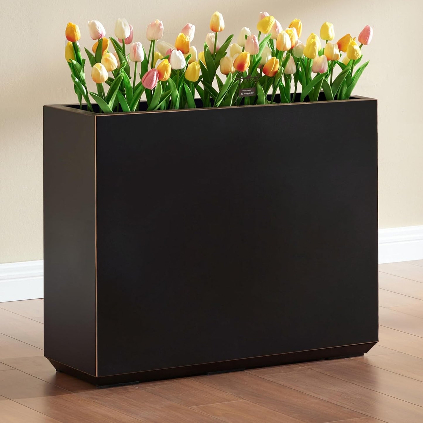 Metallic Heavy Outdoor Planter Box, Span Planter, Long and Tall Divider, 30Lx10Wx24H, Black with Gold Rim, 30.8 Pounds