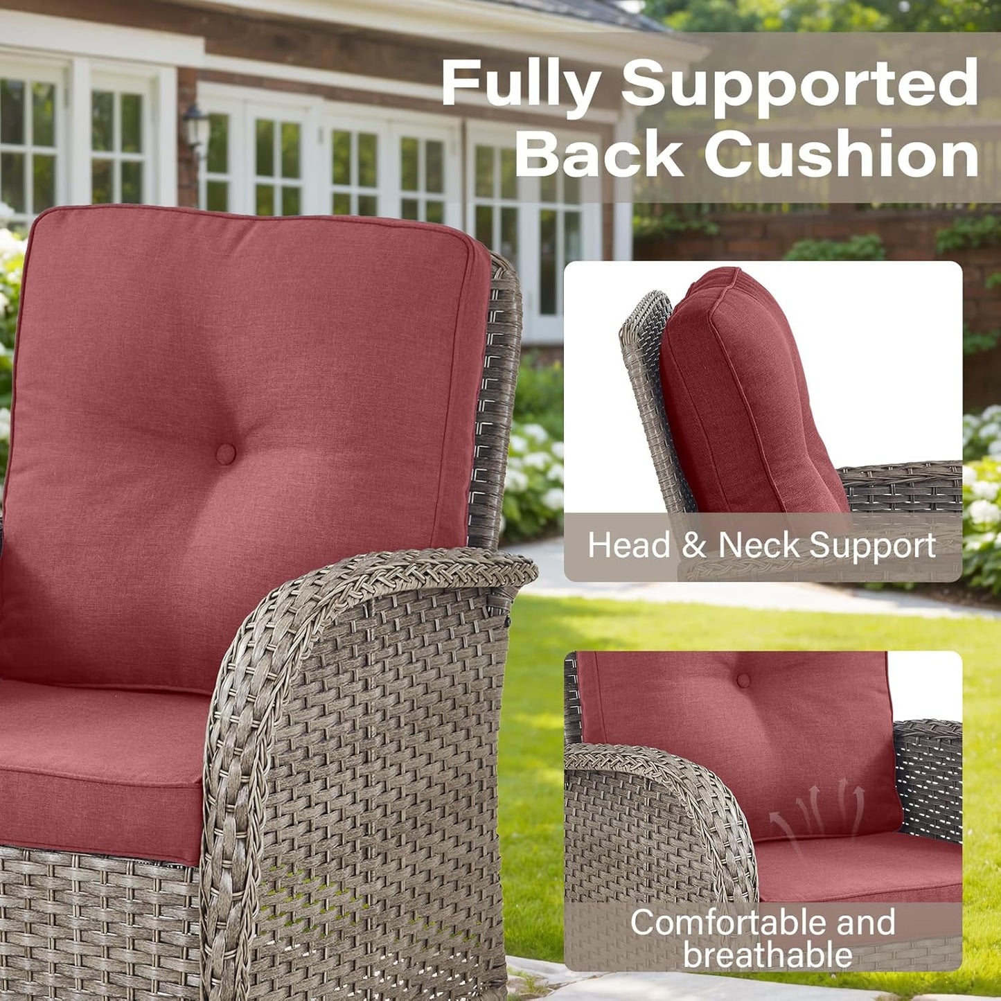 8 Piece Patio Furniture Set with 50000 BTU Propane Fire Pit Table, Outdoor Conversation Set with 2 Swivel Rocker Chairs Wicker Sofa and Ottomans for Casual Gatherings Red Cushion
