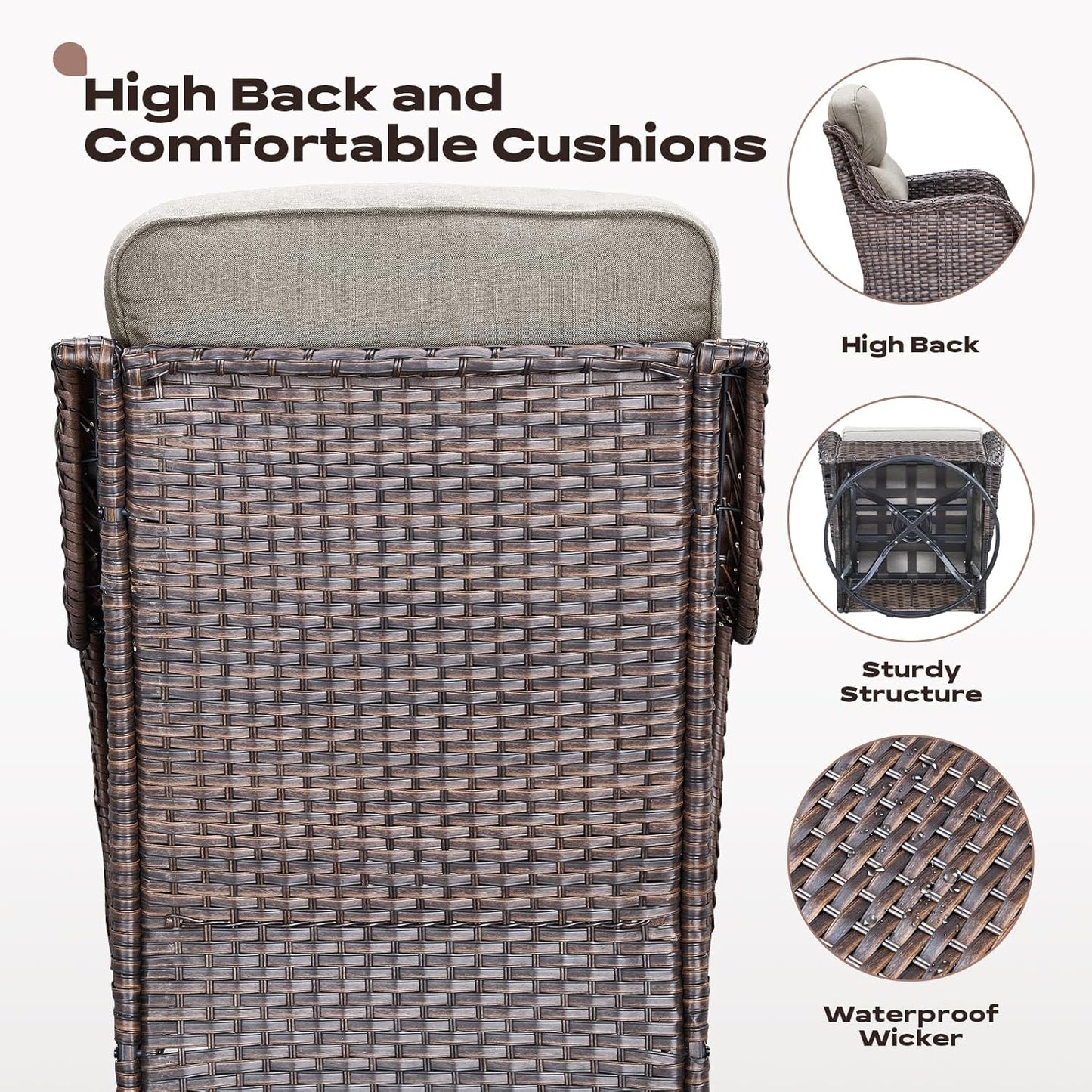 Wicker Outdoor Patio Furniture Set - 4 Piece Patio Conversation Set with Swivel Rocker Chairs and Ottomans, 6 inch Cushions, High Back, Deep Seating, for Porch Deck Garden Brown/Beige