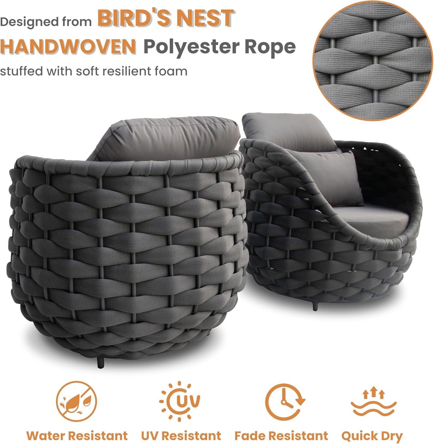Aluminum Patio Furniture Set of 4: Woven Rope Outdoor Conversation Sofa Set Assembled - Modern Cushioned Armchair Couch Set for 660lbs Porch Deck Backyard Poolside Drawing Room Hotel, Dark Gray