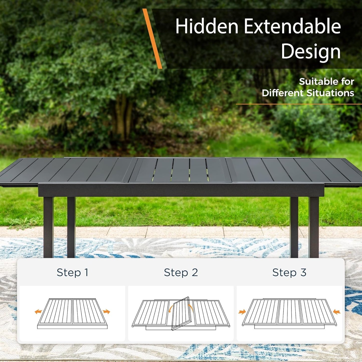 Expandable Outdoor Patio Dining Table, Adjustable 61"/83" x 37" Rectangular Large Surface 6-8 Person Metal Table for Garden, Backyard and Porch