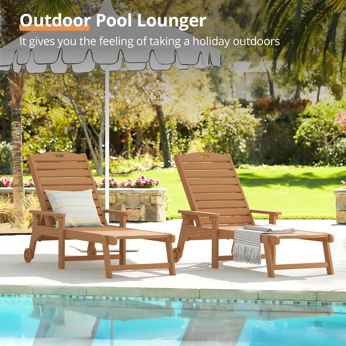 LUE BONA Outdoor Chaise Lounge, 79'' Oversized HDPS Chaise Lounger, 5 Positions Adjustable Lounge Chairs, Pool Lounge Chair with Wheels for Poolside, Backyard, 3 Year Warranty, Teak Color