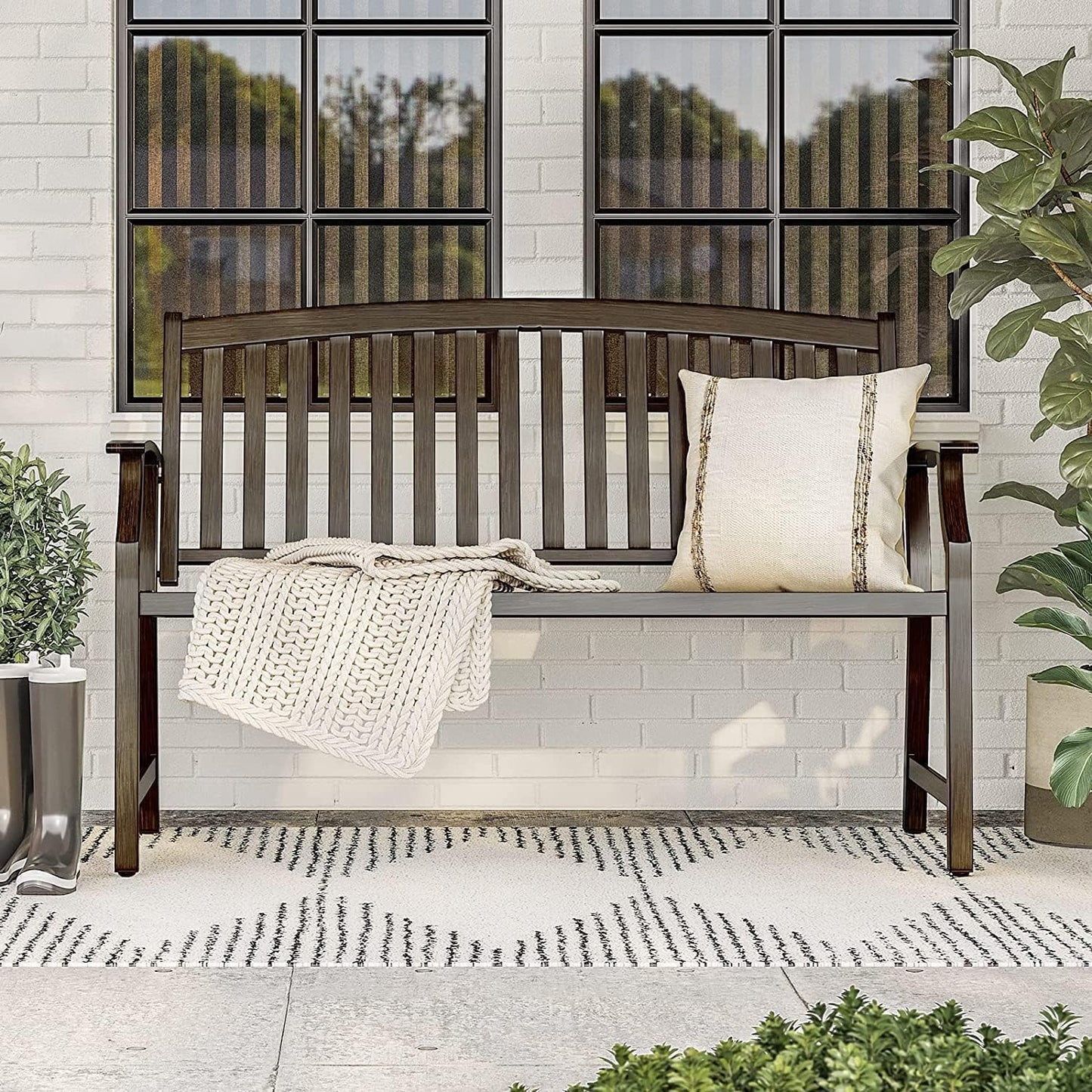 Grand patio 52" Farmhouse Outdoor Bench, Garden Benches with Anti-Rust Aluminum Powder Coated Frame, Faux Wood Grain Finish Frame Patio Bench for Front Porch, Northwoods Brown