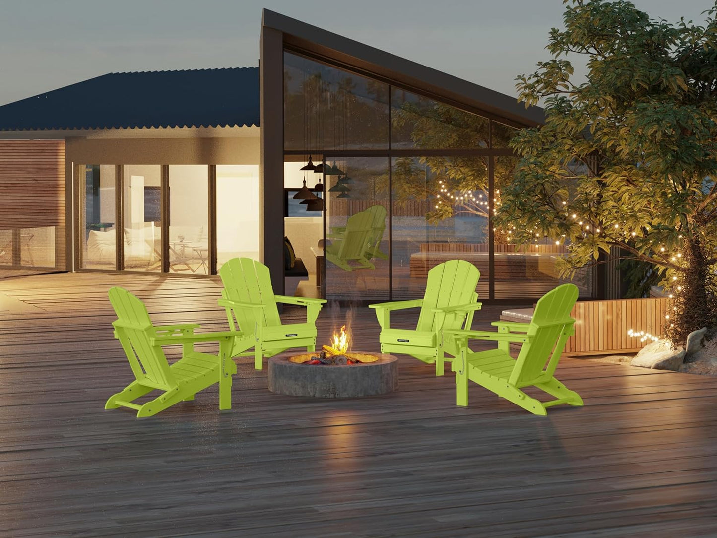 MUCHENGHY Folding Adirondack Chairs, Patio Chairs, Lawn Chairs, Outdoor Chair, Adirondack Chair Plastic, Fire Pit, Weather Resistant with Cup Holder for Deck, Backyard, Garden(Lemon Green)