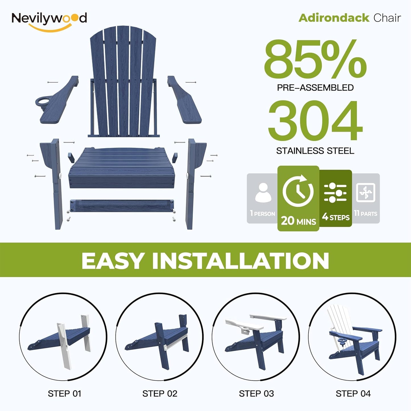 Folding Adirondack Chair - Extended Ergonomic Backrest, Cup Holder - Easy Assembly - Durable HDPE Plastic, Weather Resistant & Maintenance-Free - Lawn, Patio, Deck Supports 380lbs NavyBlue
