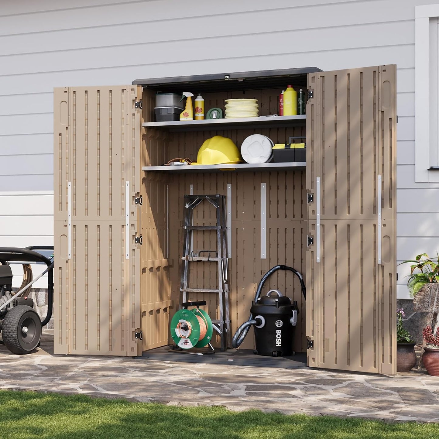 Aoxun Outdoor Storage Shed with 2 Shelves & Floor, 64 Cu.Ft Large Outdoor Storage Cabinet, Waterproof Vertical Resin Shed for Garden Tools, Pool Equipment, Brown