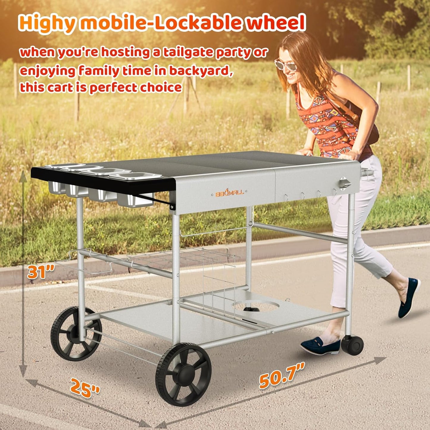 Pizza Oven Table Grill Cart with Pizza Topping Station Movable Food and Prep Workcart Outdoor Grill Table Stand for Ninja Woodfire Blackstone Griddle Cuisinart etc Grill