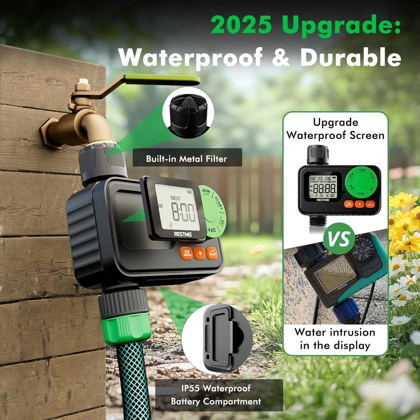 [2 Pack] RESTMO Sprinkler Timer, Programmable Water Timer for Garden Hose, Automatic Digital Control | Manual ON/Off | Rain Delay for Outdoor Faucet, Drip Irrigation and Lawn Watering System
