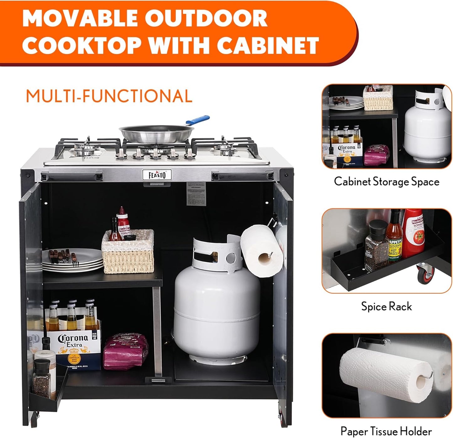 Gas Grill, Movable Outdoor Gas Stove Stainless Steel Top with Cabinet, 5 Burners with 36,200 BTUs, Outdoor Propane Grill for Outdoor Cooking, Ideal for Lawn & Garden, L35.4” x W24”