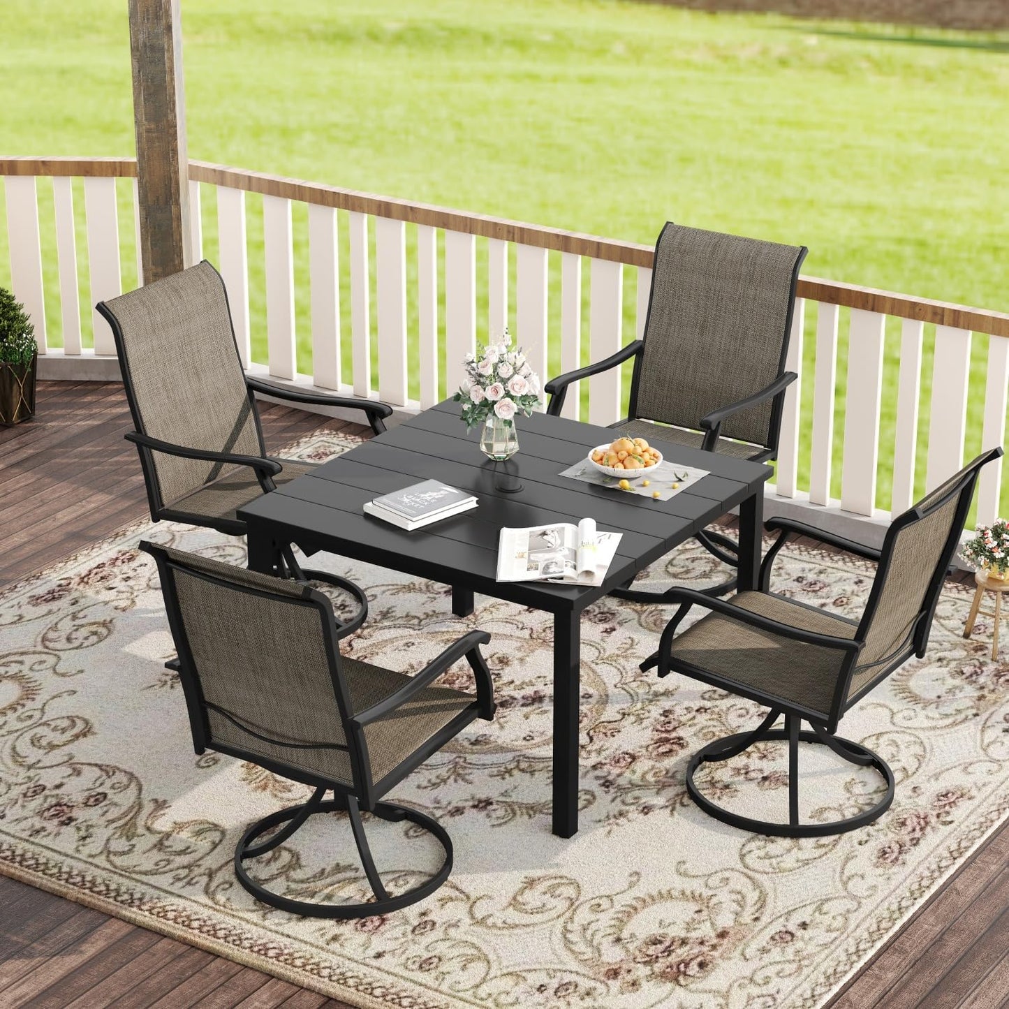 VICLLAX 40.2" Square Patio Dining Table for 4, Outdoor Table with Umbrella Hole, All Weather Metal Patio Table, Black Tabletop