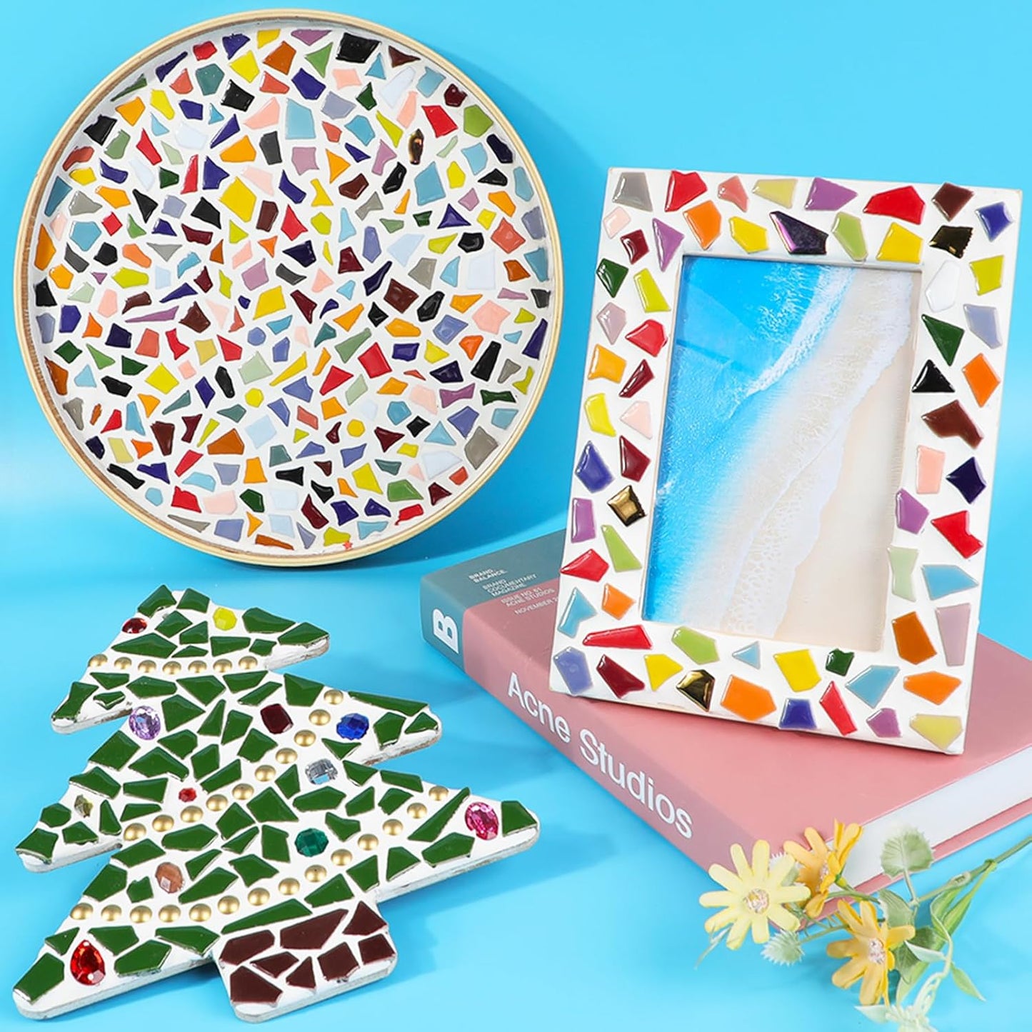 Mosaic Tiles for Crafts Assorted Color Ceramic Glitter Mosaic Supplies Pieces Bulk Square Triangles Trapezoids Polygons Irregular Size, 200g (Red Yellow Mix)