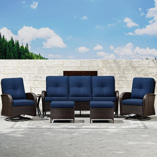 Joyside 6 Piece Patio Furniture Set, Outdoor Wicker Conversation Sets with Swivel Rocker Chairs and Sofa, Thick Cushion, Rattan Patio Sectional for Porch, Deck Use (Brown/Blue, 6 PCS)
