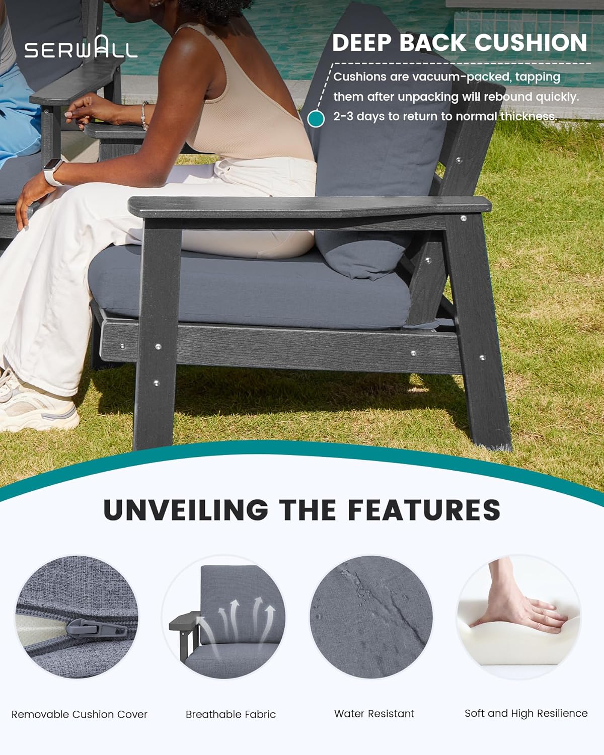 SERWALL HDPE Outdoor Furniture Set, 7 Piece All Weather Wood-Like Outdoor Sofa Sectional Couch, Grey Patio Furniture Set with Grey Cushions