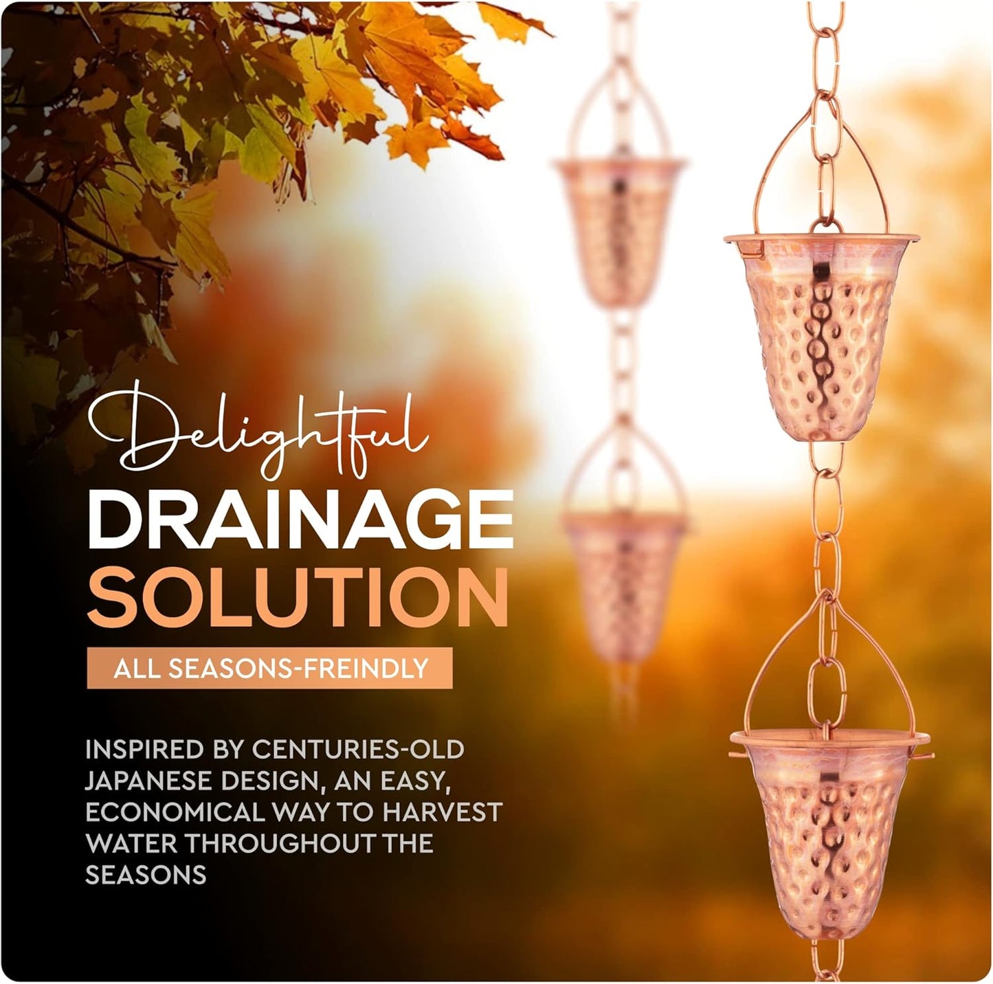 Copper Hammered Rain Chain – Decorative Chimes & Cups Replace Gutter Downspout & Divert Water Away from Home for Stunning Fountain Display – 6.5’ Long for Universal Fit – Bell Style