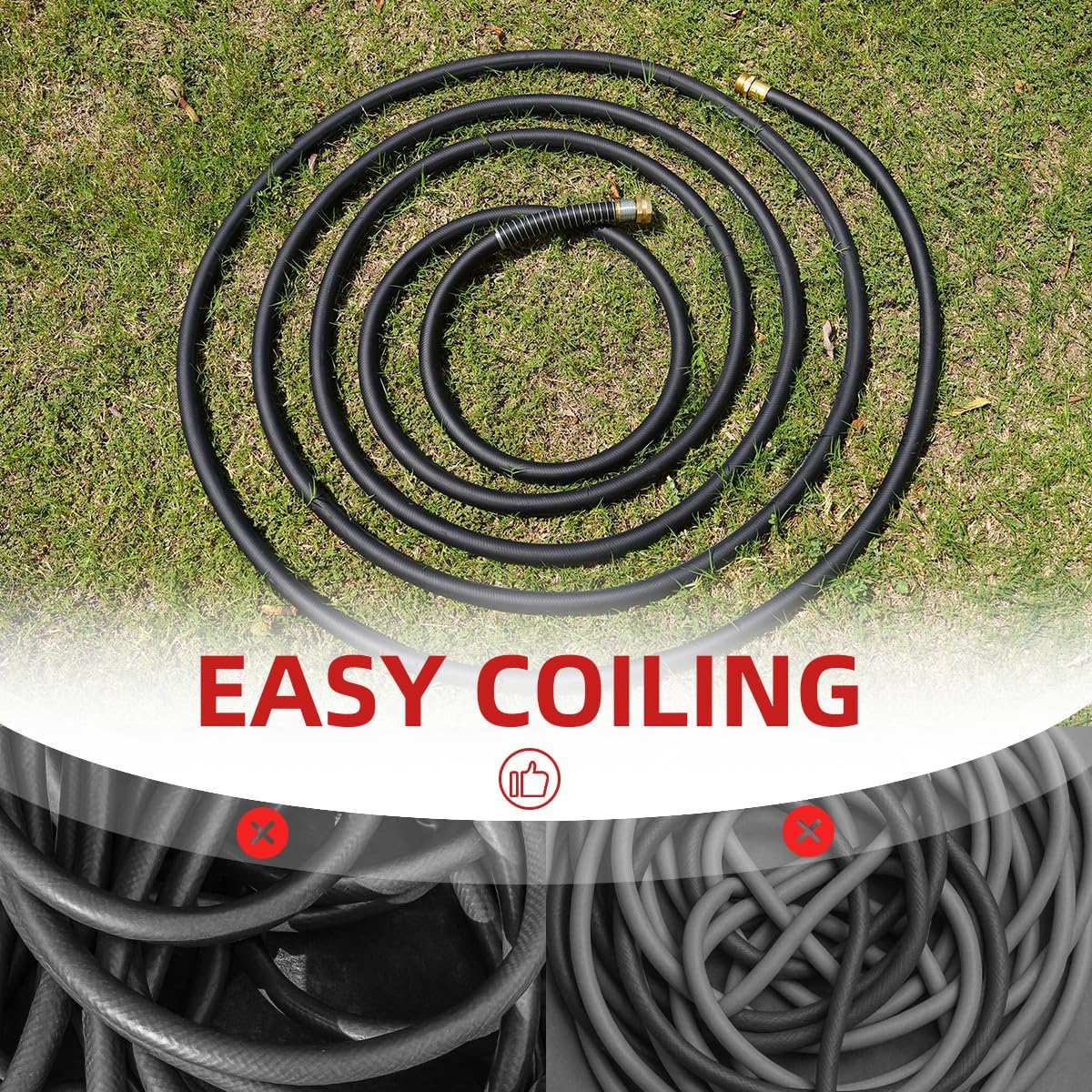 WiseFlow Garden Hose 75FT x 5/8", Heavy Duty Rubber Hose, 1000PSI Burst, 300PSI Working, Water Hose with Five Layered Braiding, Male Female Fittings (Black)