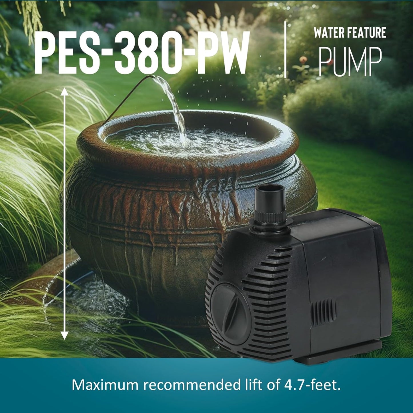 Little Giant PES-380-PW 115-Volt, 380 GPH Magnetic Drive Pump for Fountains and Small Ponds with 15-Ft. Cord, Black, 566718