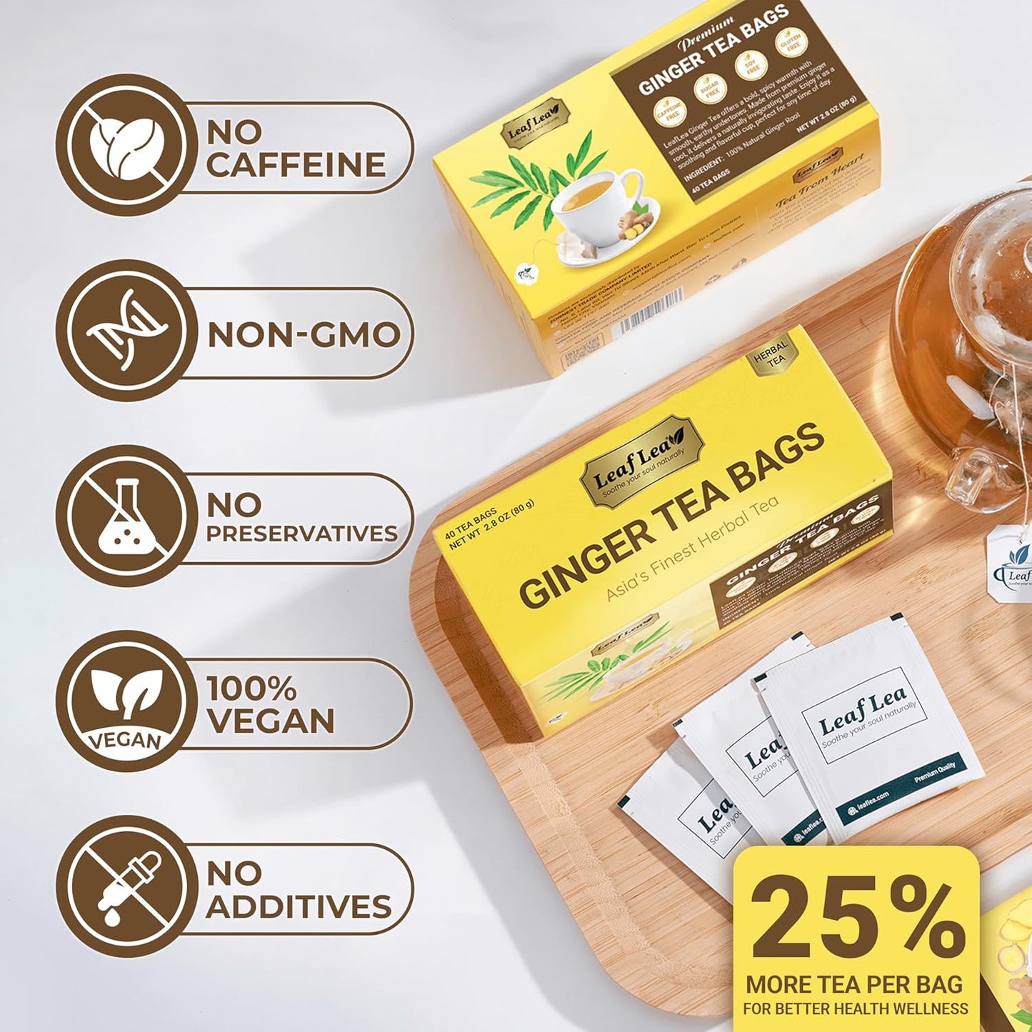 LeafLea 160 Ginger Tea Bags, Pure Ginger Root Herbal Tea, Spicy & Comforting, Supports Digestion & Immune Health, Caffeine Free, Sugar Free, Non-GMO, Vegan, Individually Wrapped for Freshness