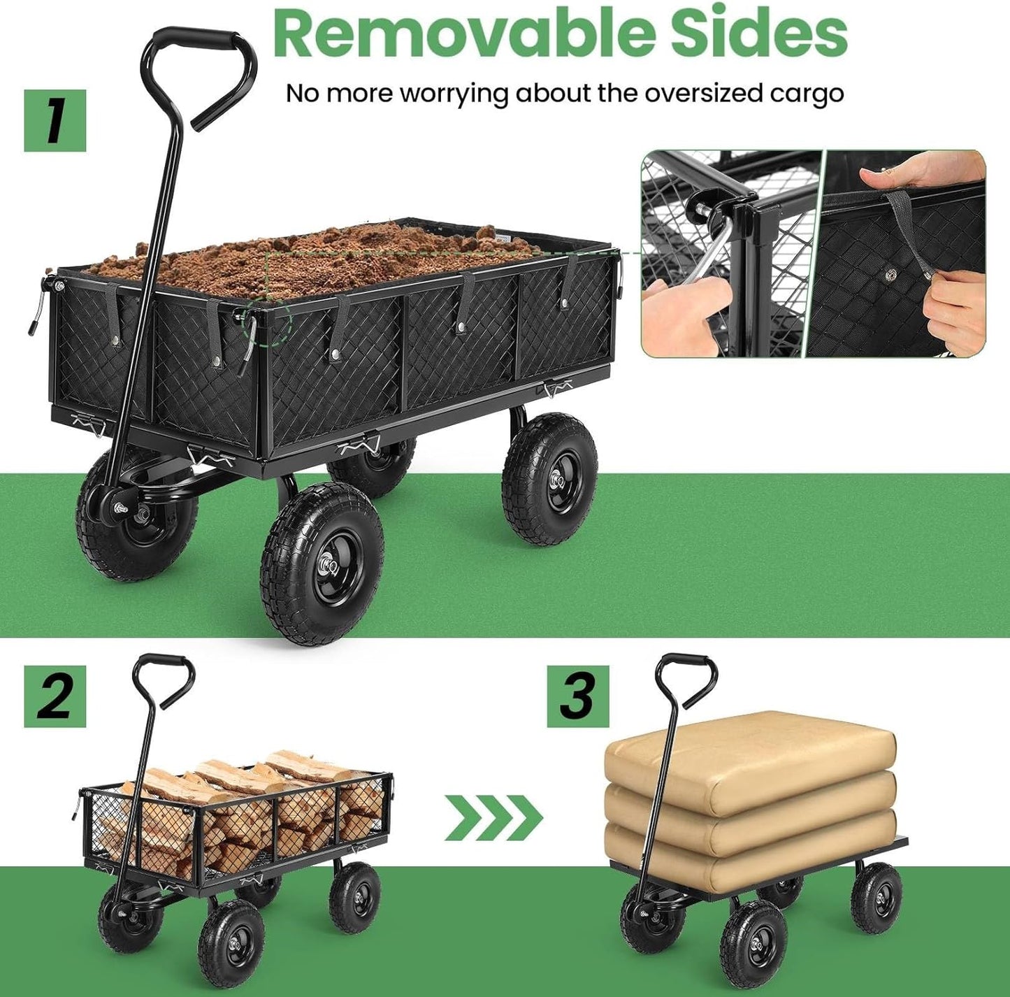 Homdox MAX 880LB Garden Cart, Heavy Duty Garden Wagon, Mesh Foldable Garden Cart, Pullable Gardens Wagon with 180° Rotating Handle, Collapsible Garden Carts for Yard Beach Farm, Black with Bag