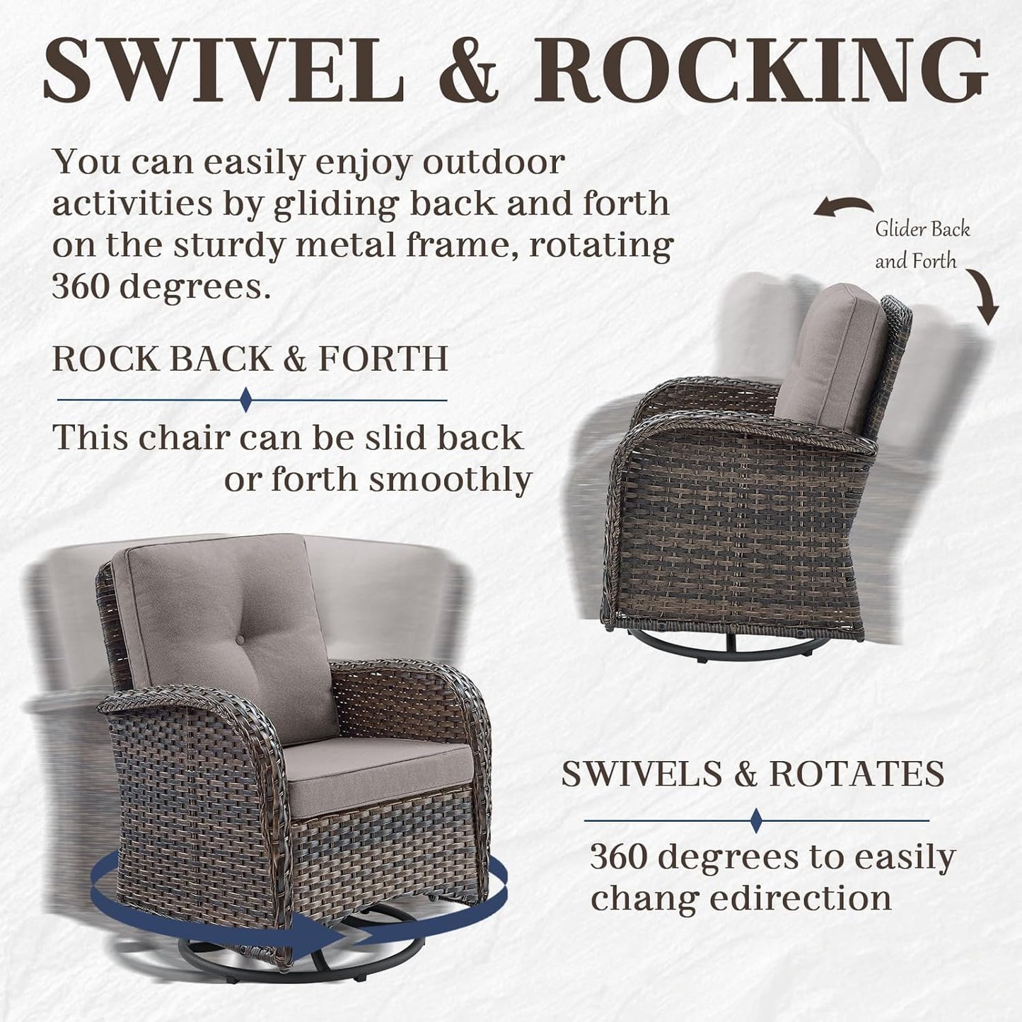 HUMMUH 5 Pieces Wicker Patio Furniture Set,Outdoor Swivel Gliders Rocker,Patio Ottomans,Glass Top Side Table,Outdoor Conversation Set for Porch Deck Backyard Poolside