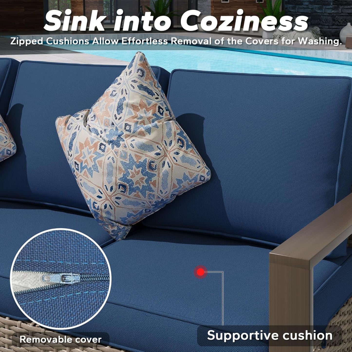 5 Pieces Metal Wicker Patio Furniture Set - 75" Sofa, Two Armchairs and Two Ottomans, All Weather Rattan Outdoor Conversation Furniture with Washable Cushion for Deck Porch, Dark Blue