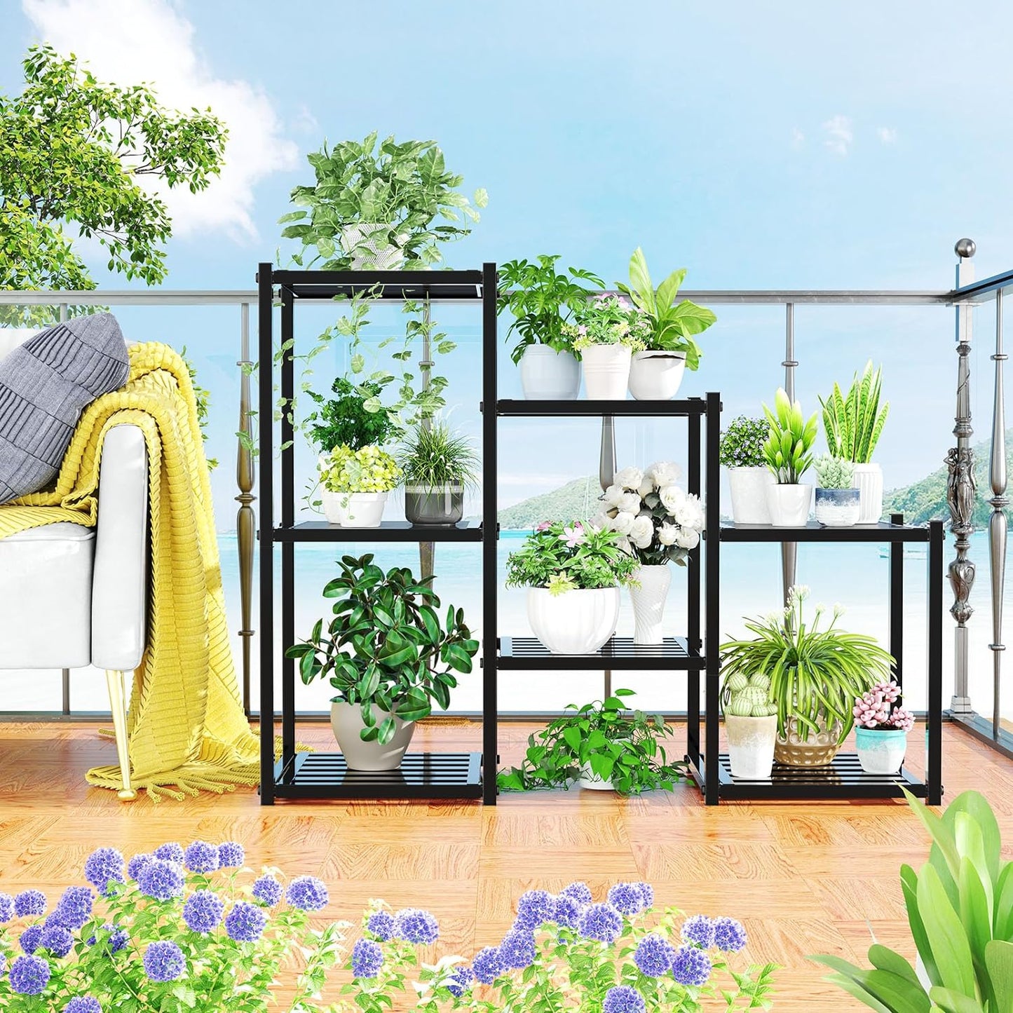 Simple Trending Plant Stand Indoor Outdoor, Heavy Duty Metal Waterproof 7 Tiered Plant Shelf for Multiple Flower Planter Holder Tall Large Rack, Black