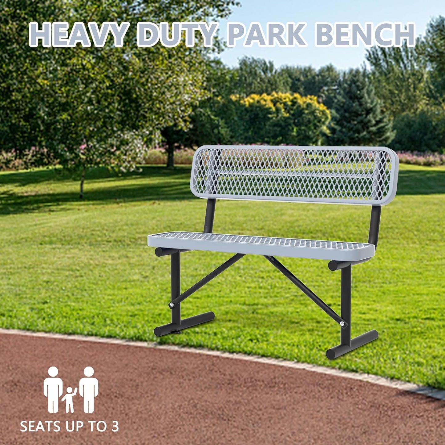 4FT Benches for Outside, Heavy-Duty Outdoor Garden Bench W/Back, Metal Park Bench for Sitting Area, Commercial Bench for Patio Porch Backyard School Sports Church Locker Room Shopping Centers