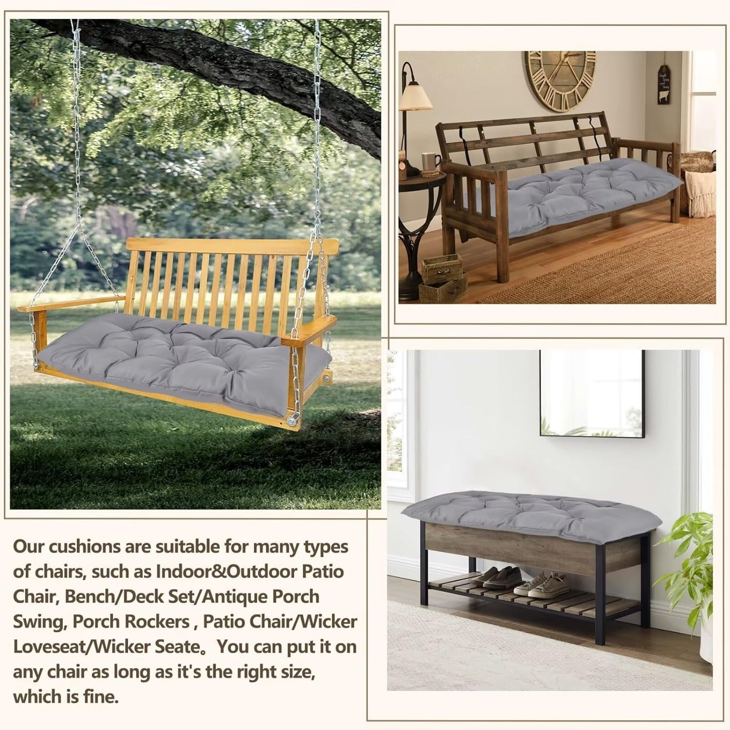 39.3in Waterproof Indoor/Outdoor Garden Bench Seat Cushions，Thicken Patio Bench Soft Rocking Chairs Pad Lounger Seat for Wicker Loveseat Settee（39.3 X 19.10 in,Light Grey ）