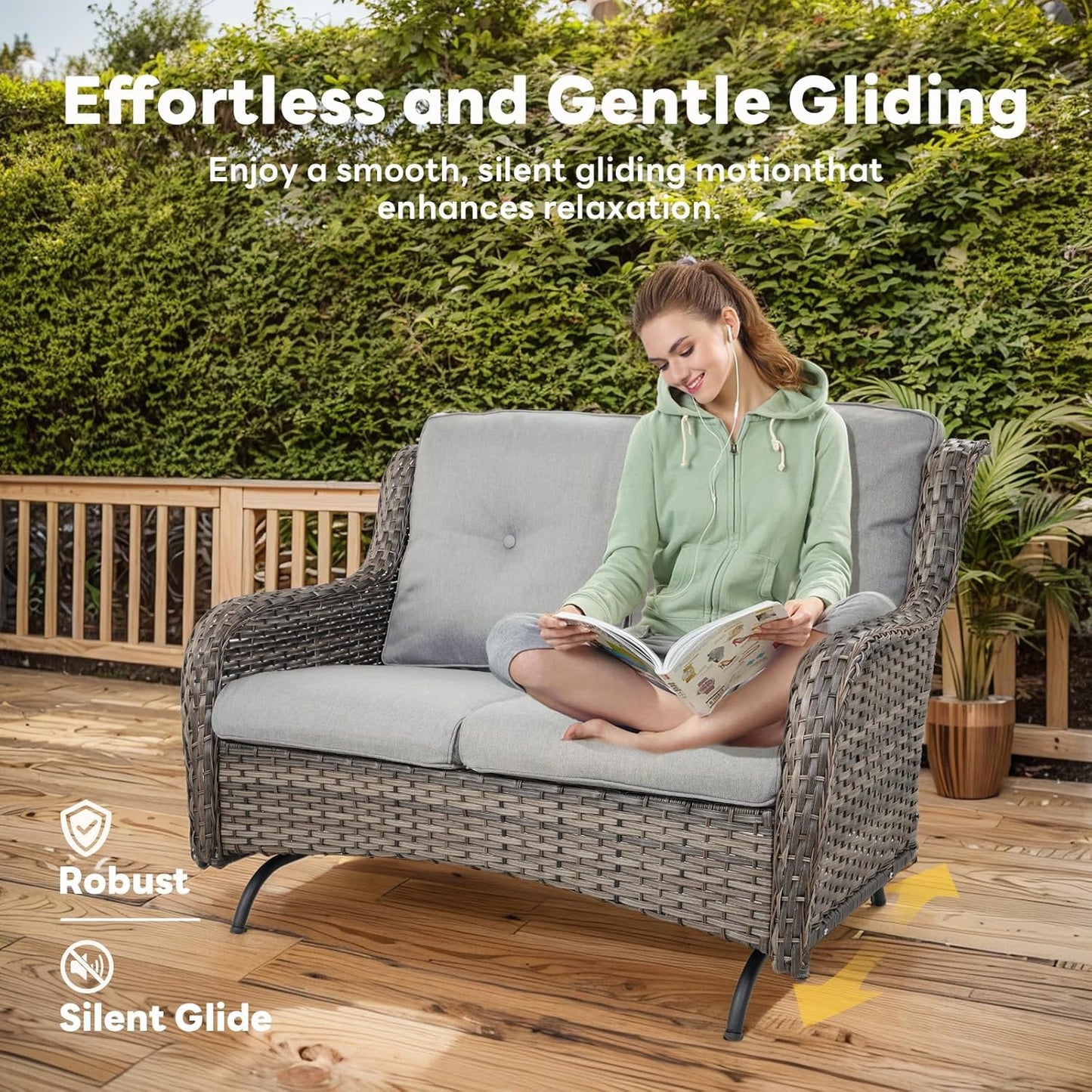 4 Piece Patio Furniture Set - Outdoor Glider Bench with Swivel Rocker Chairs and Coffee Table, High Back Small Outdoor Conversation Furniture Sets for Deck Sunroom Balcony Backyard