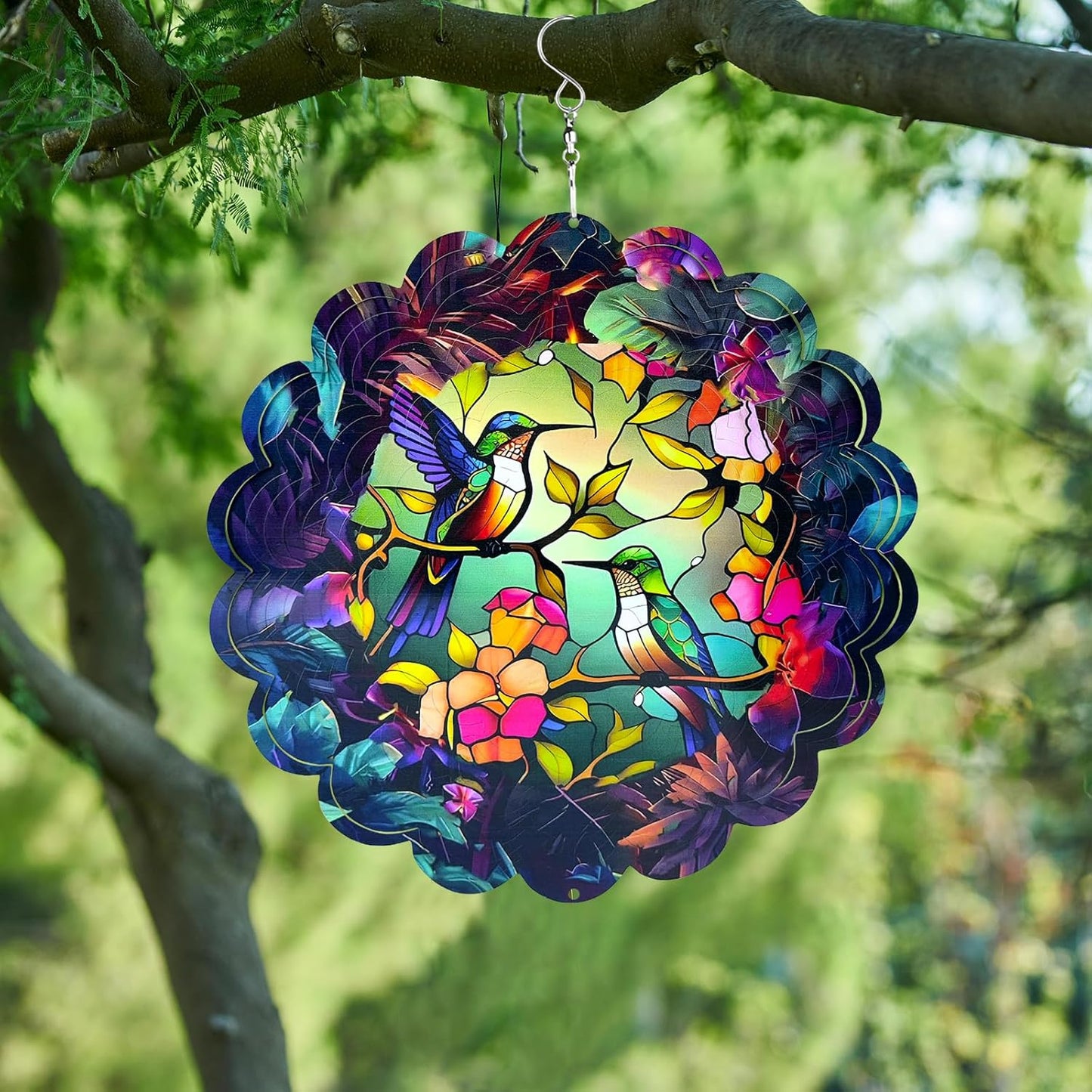 Wind Spinners Outdoor Hummingbird Art12 inch 3D Stainless Steel Laser Cut Metal Art Geometric PatternWind Sculpture Hanging for Yard Garden Decorations Wind Sculpture Gifts Outdoor