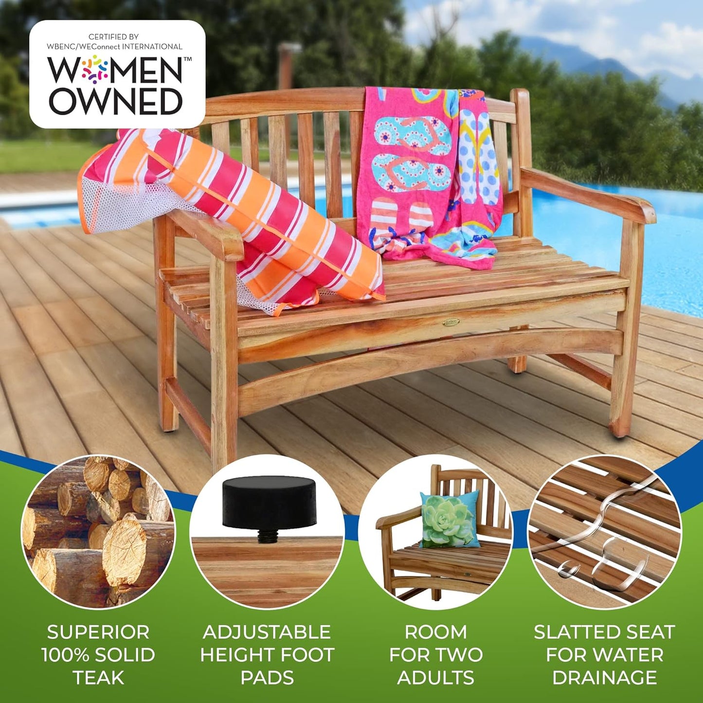 EcoDecors Kent 51 inch Outdoor Bench Teak Wood Garden Bench for Patio with Armrests and Backrest for Indoor Use and Outdoor, in Natural Color