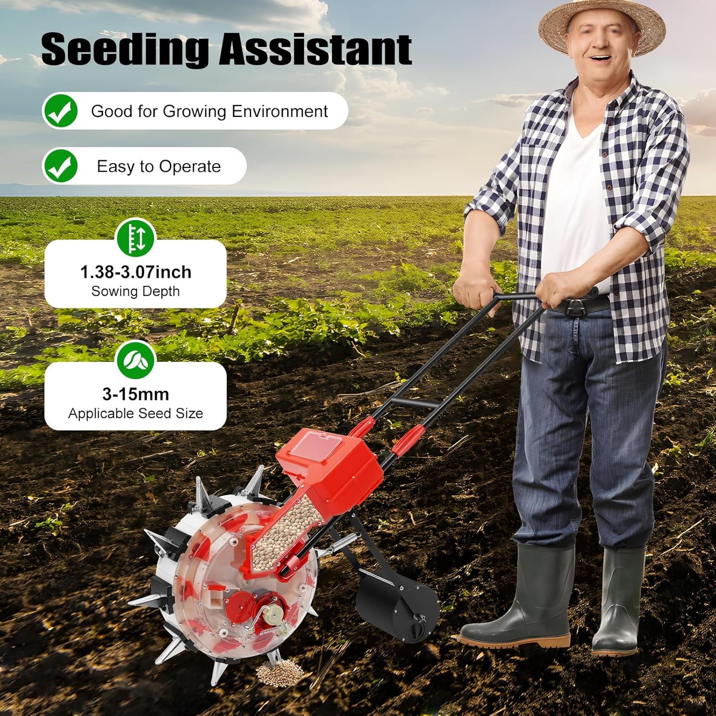 Hand-Push Roller Seeder, Manual Seeder Planter, Single-Port Garden Seeder for Soy Peanut Corn Cotton Soybean, Sowing Depth 1.38-3.07in, Planting Spacing 6.3in, 1-2 Seeds, 10 Nozzles