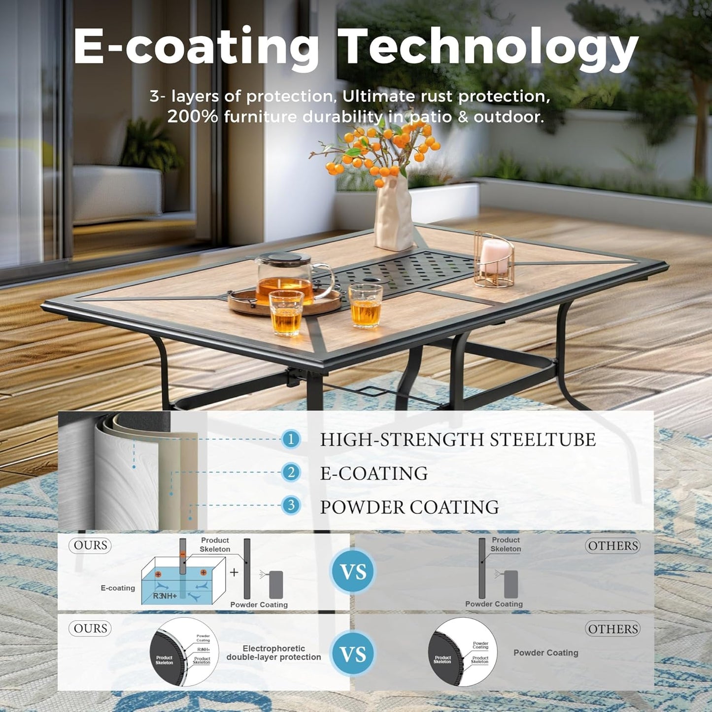 Outdoor Patio Dining Table for 6, 61" x 38" Rectangular Metal Patio Dining Table with Umbrella Hole for Garden, Backyard and Porch